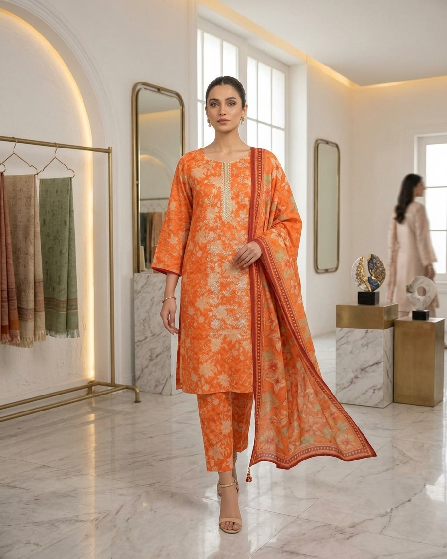 Maria.B BW-2031 Orange Floral Lawn Suit – 3 Piece Unstitched