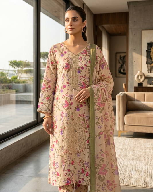 IZNIK AE715 Embroidered Floral Lawn Suit – 3 Piece Unstitched