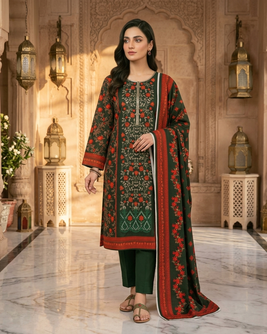 Limelight AE-231 Dark Green Floral Lawn Suit – 3 Piece Unstitched