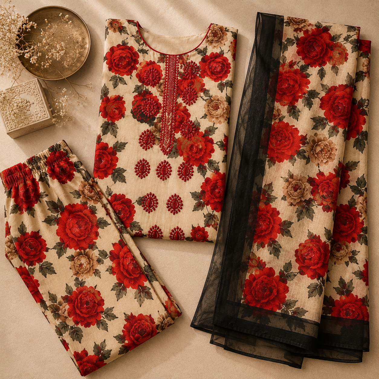 Maria.B AE-712 Red Rose Floral Lawn Suit – 3 Piece Unstitched | Summer Collection