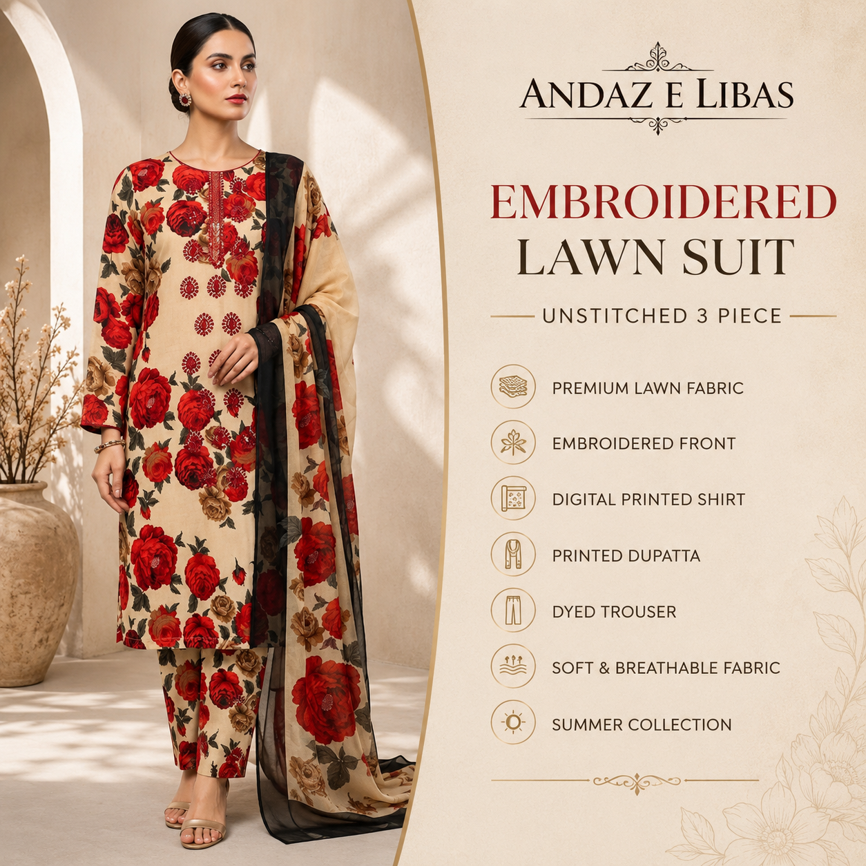 Maria.B AE-712 Red Rose Floral Lawn Suit – 3 Piece Unstitched | Summer Collection