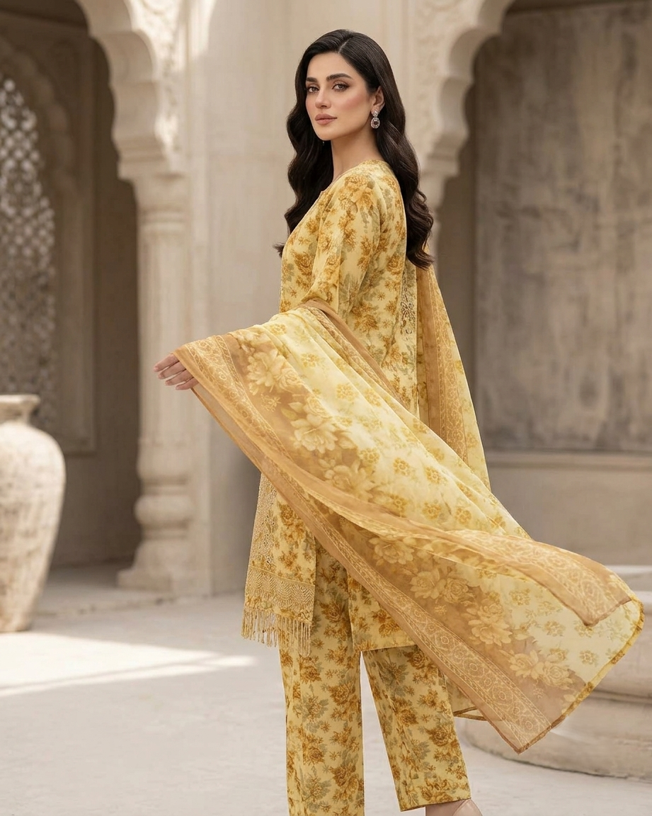 Maria.B AE-721 Golden Floral Elegance Lawn Suit – 3 Piece Unstitched