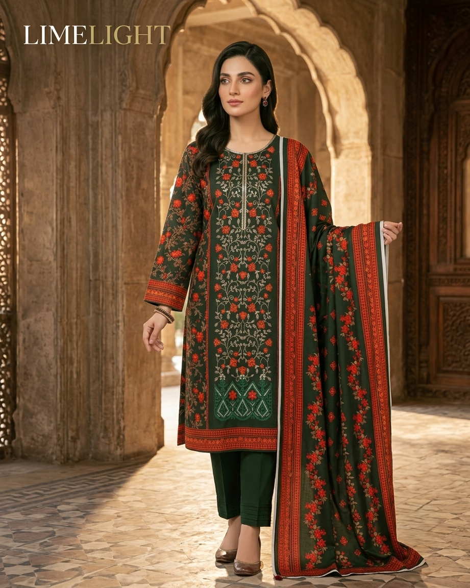 Limelight AE-231 Dark Green Floral Lawn Suit – 3 Piece Unstitched