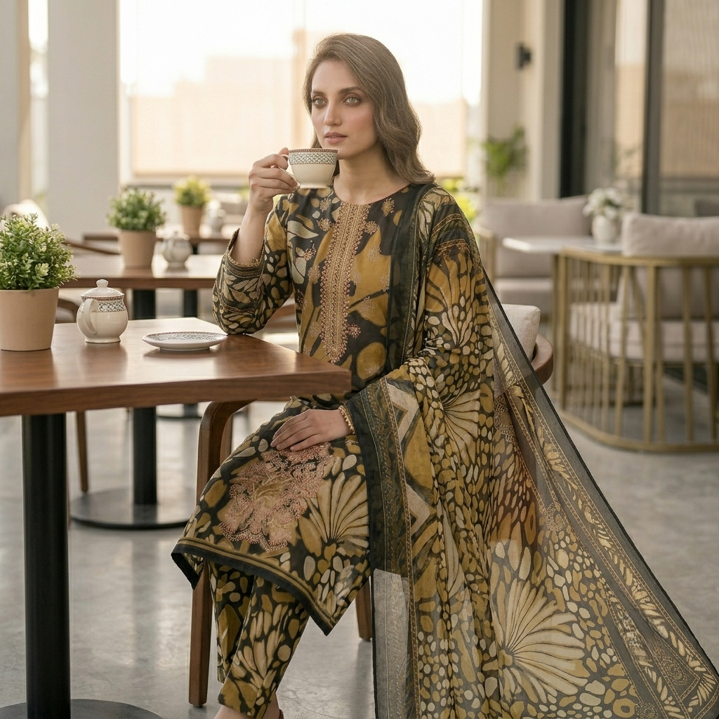 Maria.B BW-2030 Botanical Print Embroidered Lawn Suit – 3 Piece Unstitched