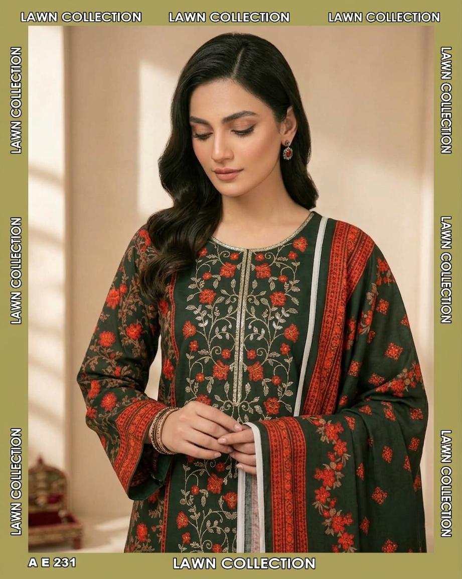 Limelight AE-231 Dark Green Floral Lawn Suit – 3 Piece Unstitched