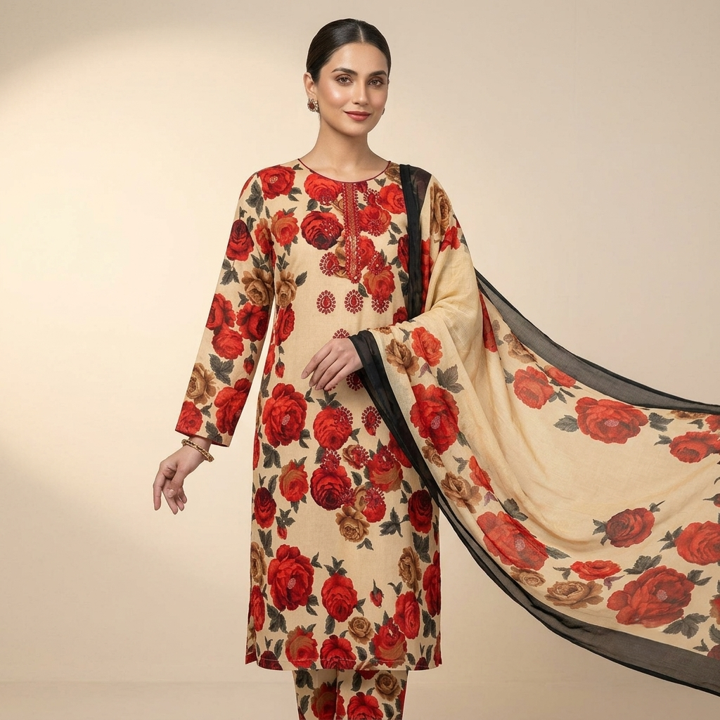 Maria.B AE-712 Red Rose Floral Lawn Suit – 3 Piece Unstitched | Summer Collection