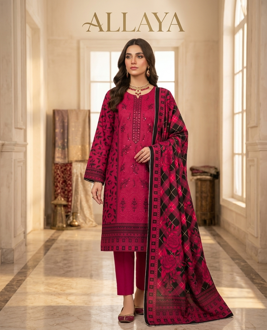 Allya AE-234 Embroidered Berry Pink Lawn Suit – 3 Piece Unstitched