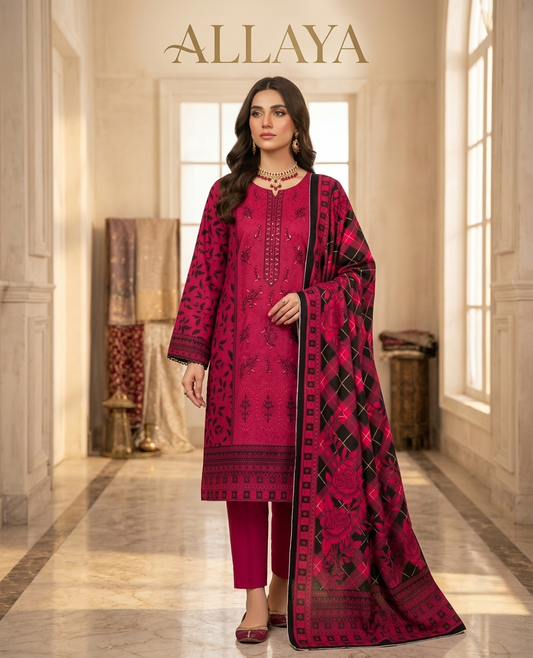 Allya AE-234 Embroidered Berry Pink Lawn Suit – 3 Piece Unstitched