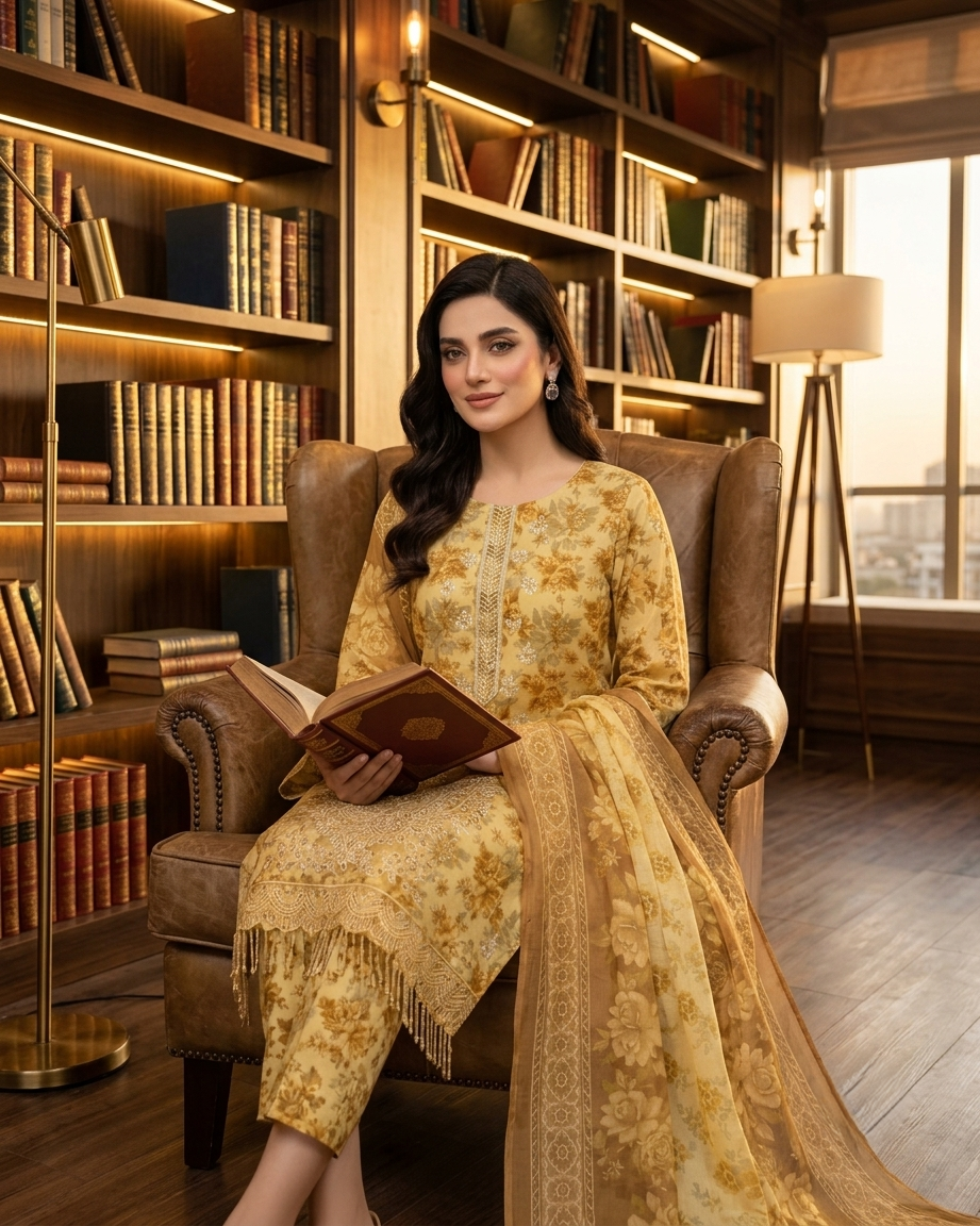 Maria.B AE-721 Golden Floral Elegance Lawn Suit – 3 Piece Unstitched