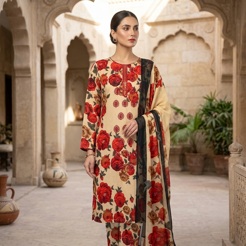 Maria.B AE-712 Red Rose Floral Lawn Suit – 3 Piece Unstitched | Summer Collection