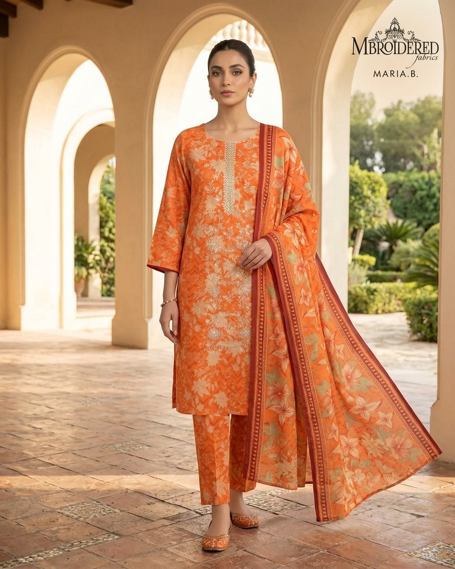 Maria.B BW-2031 Orange Floral Lawn Suit – 3 Piece Unstitched