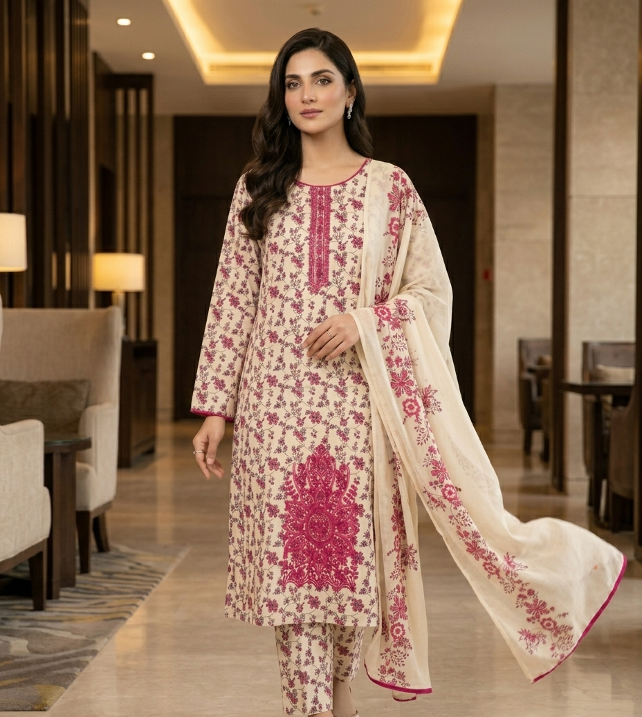 Baroque BW-2032 Floral Embroidered Lawn Suit – 3 Piece Unstitched