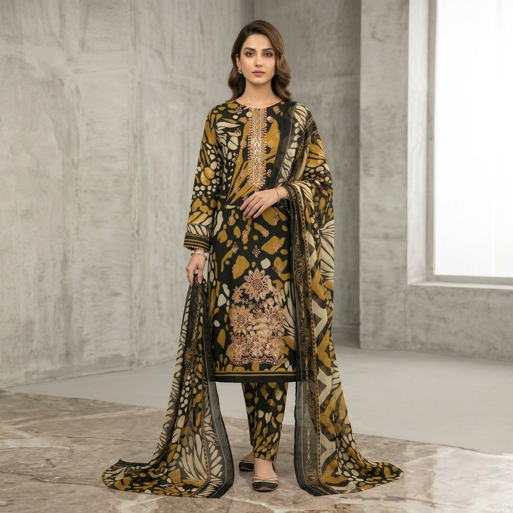 Maria.B BW-2030 Botanical Print Embroidered Lawn Suit – 3 Piece Unstitched