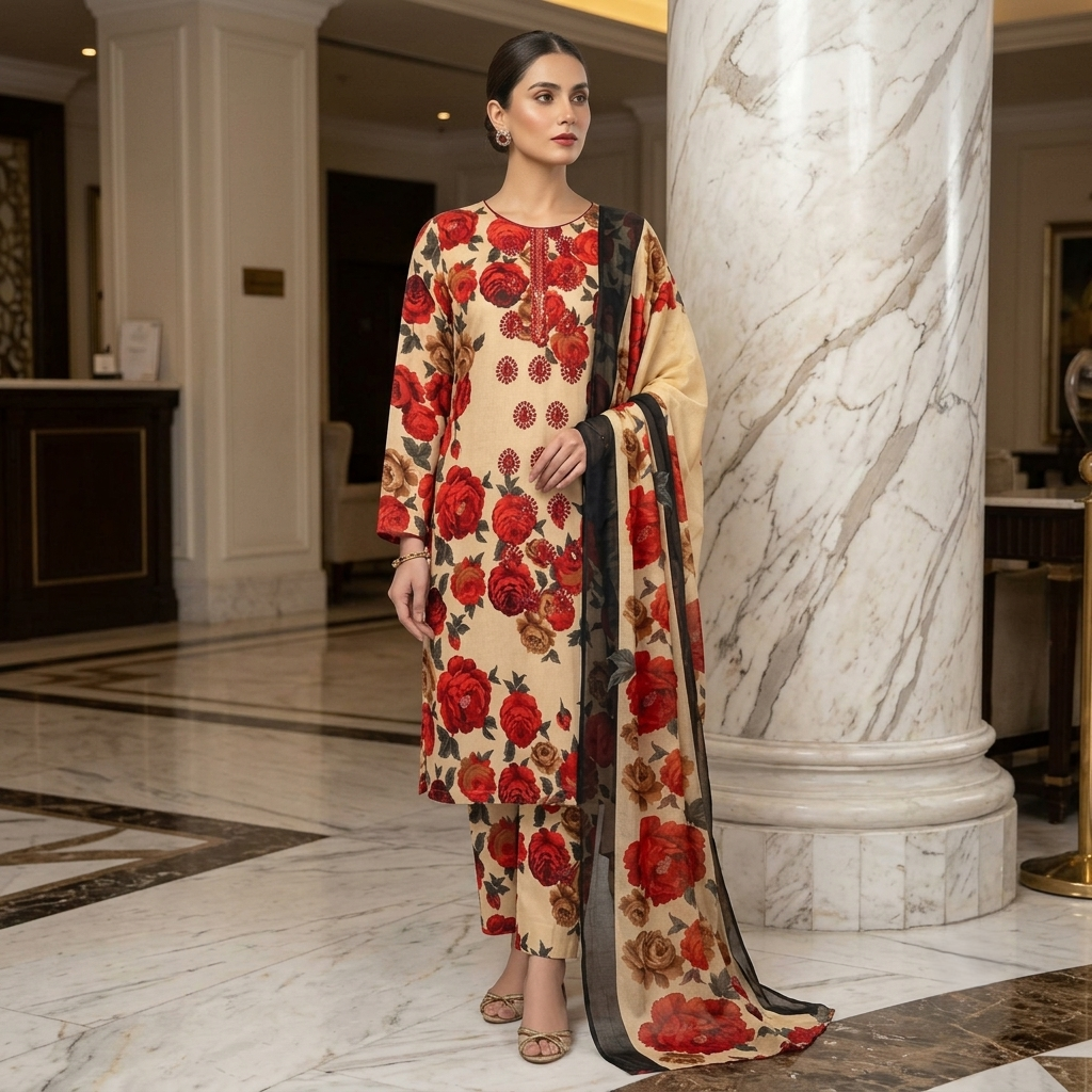 Maria.B AE-712 Red Rose Floral Lawn Suit – 3 Piece Unstitched | Summer Collection
