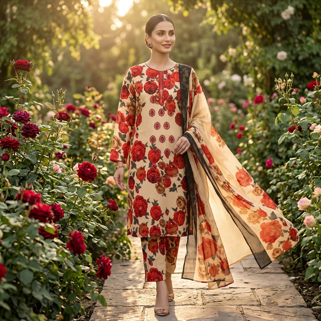 Maria.B AE-712 Red Rose Floral Lawn Suit – 3 Piece Unstitched | Summer Collection