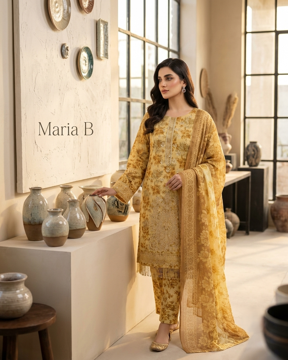 Maria.B AE-721 Golden Floral Elegance Lawn Suit – 3 Piece Unstitched