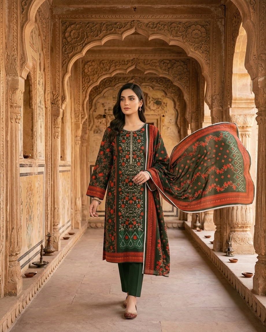 Limelight AE-231 Dark Green Floral Lawn Suit – 3 Piece Unstitched
