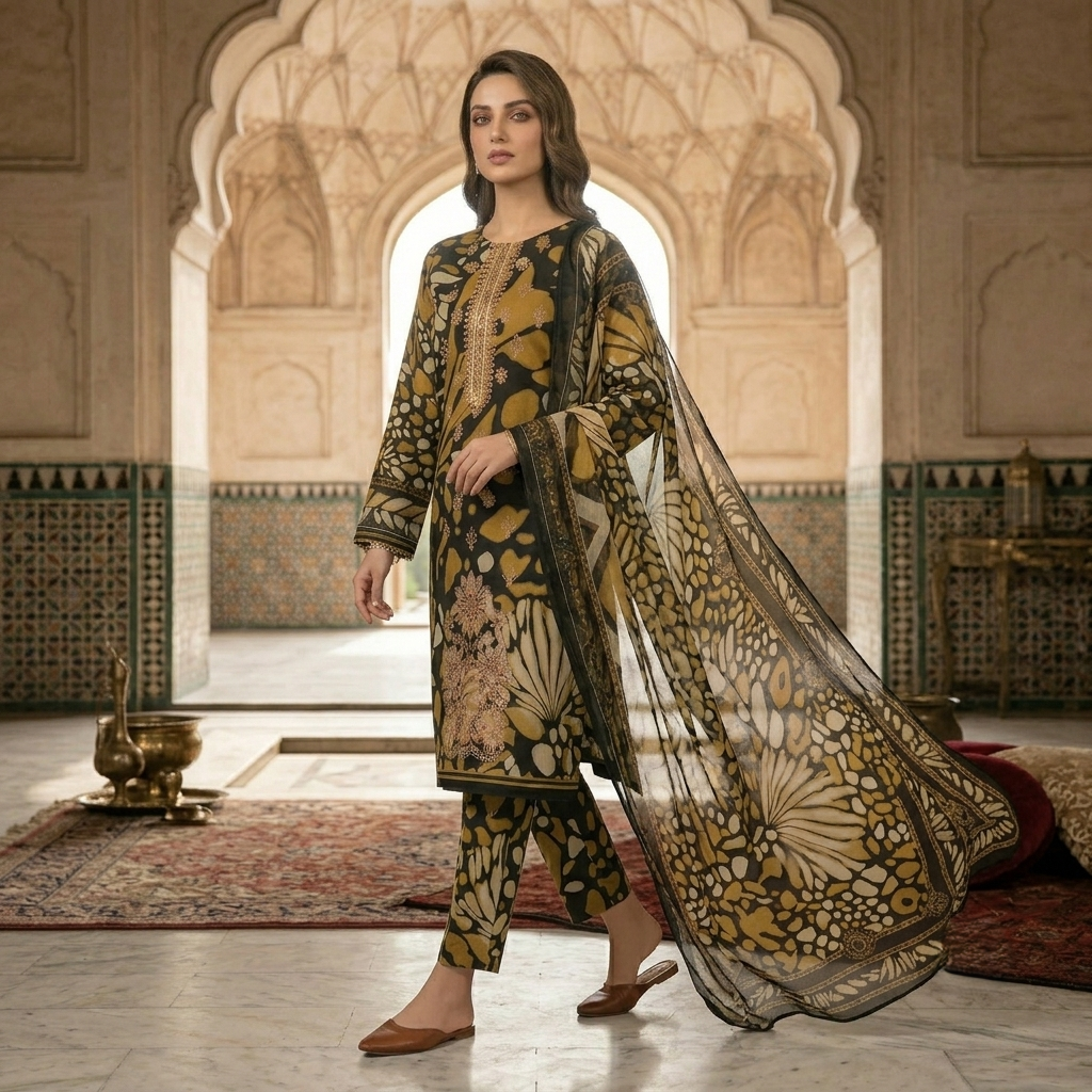 Maria.B BW-2030 Botanical Print Embroidered Lawn Suit – 3 Piece Unstitched