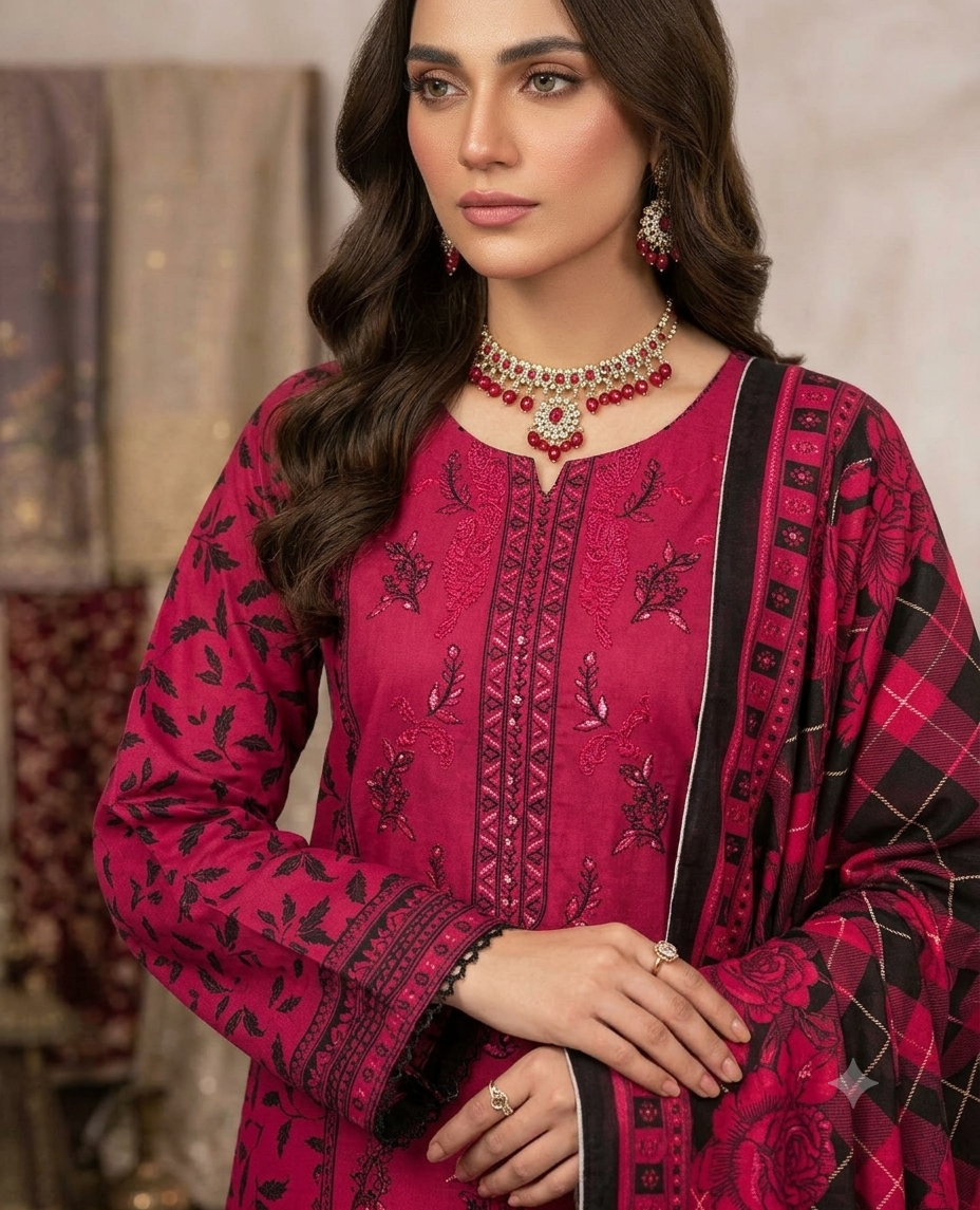 Allya AE-234 Embroidered Berry Pink Lawn Suit – 3 Piece Unstitched