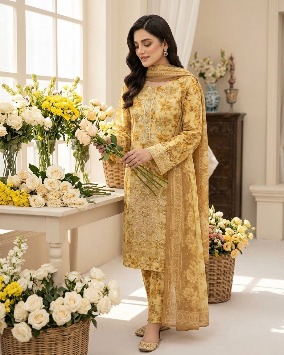 Maria.B AE-721 Golden Floral Elegance Lawn Suit – 3 Piece Unstitched