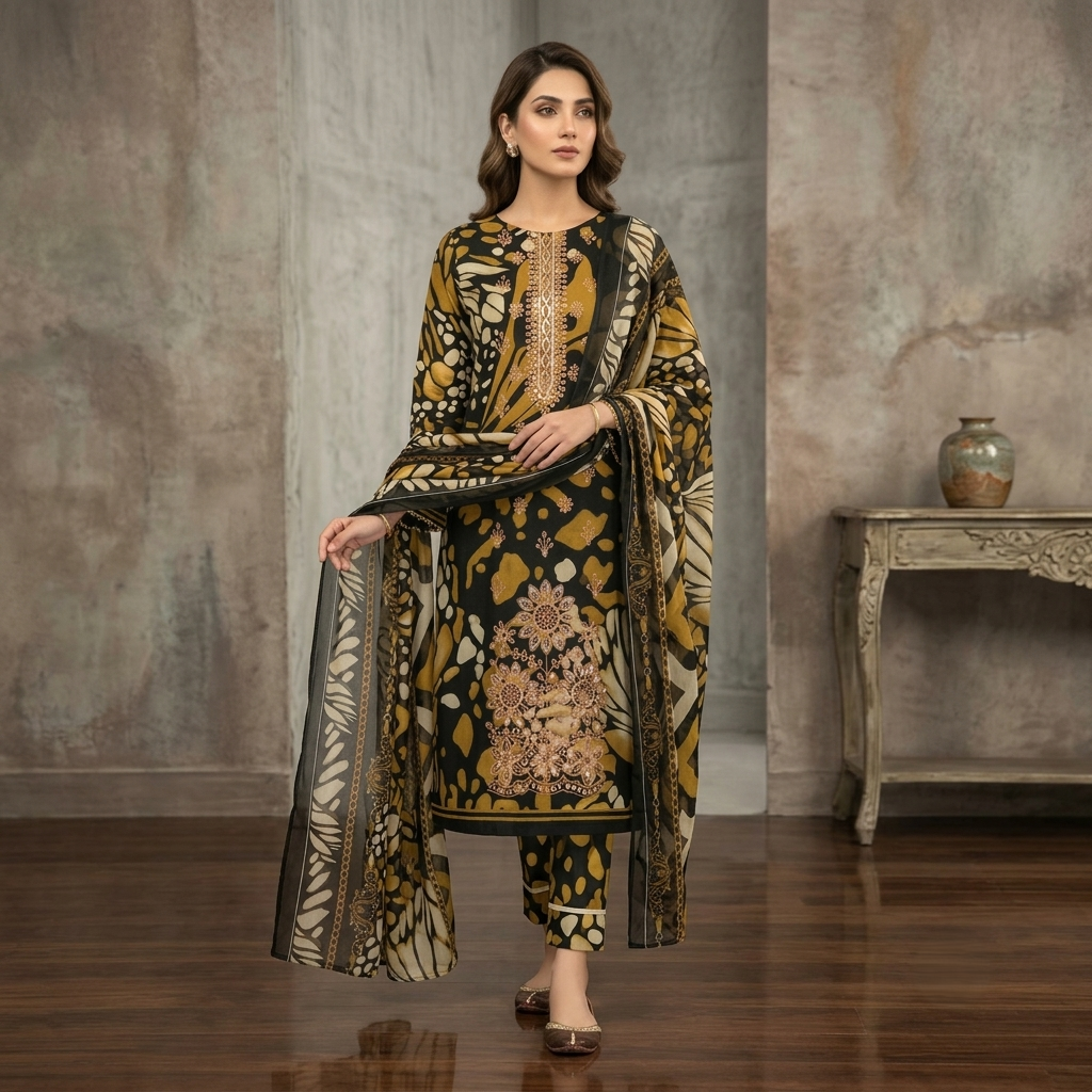 Maria.B BW-2030 Botanical Print Embroidered Lawn Suit – 3 Piece Unstitched
