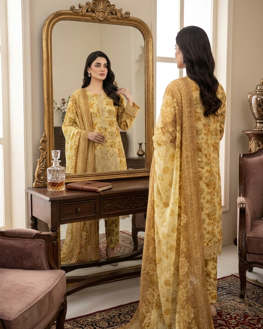Maria.B AE-721 Golden Floral Elegance Lawn Suit – 3 Piece Unstitched