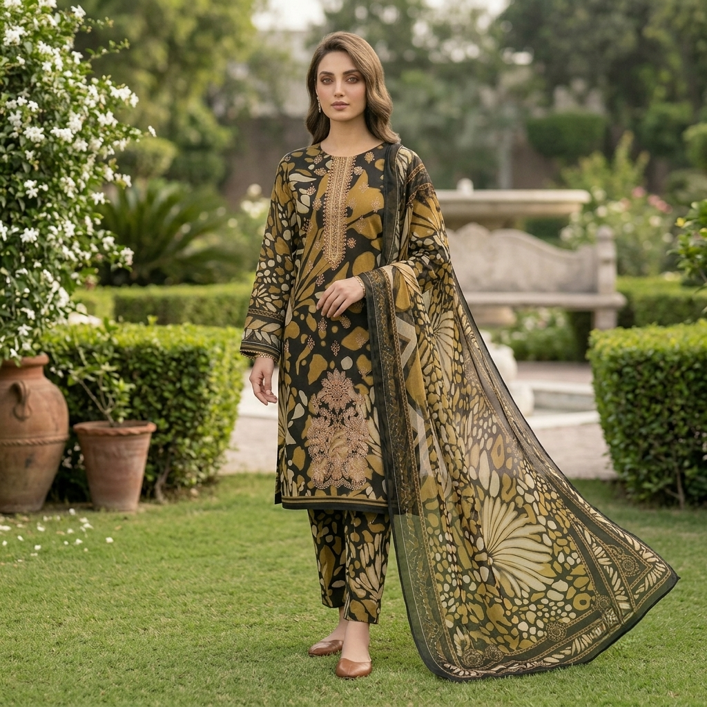 Maria.B BW-2030 Botanical Print Embroidered Lawn Suit – 3 Piece Unstitched