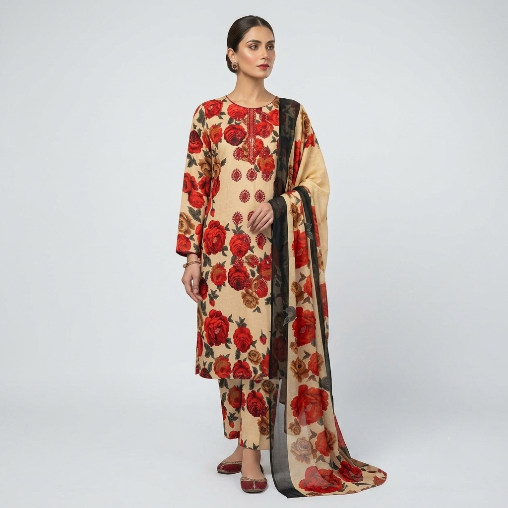 Maria.B AE-712 Red Rose Floral Lawn Suit – 3 Piece Unstitched | Summer Collection