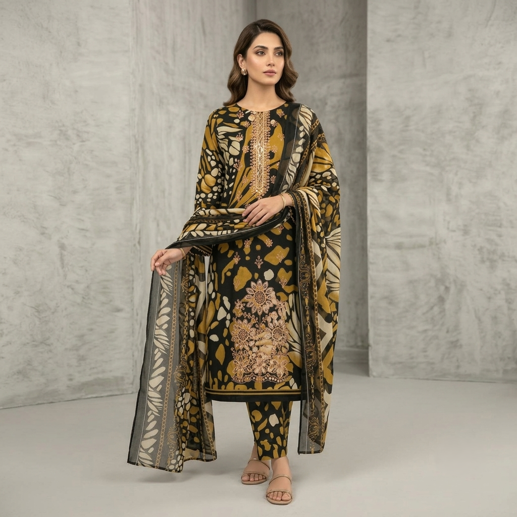 Maria.B BW-2030 Botanical Print Embroidered Lawn Suit – 3 Piece Unstitched