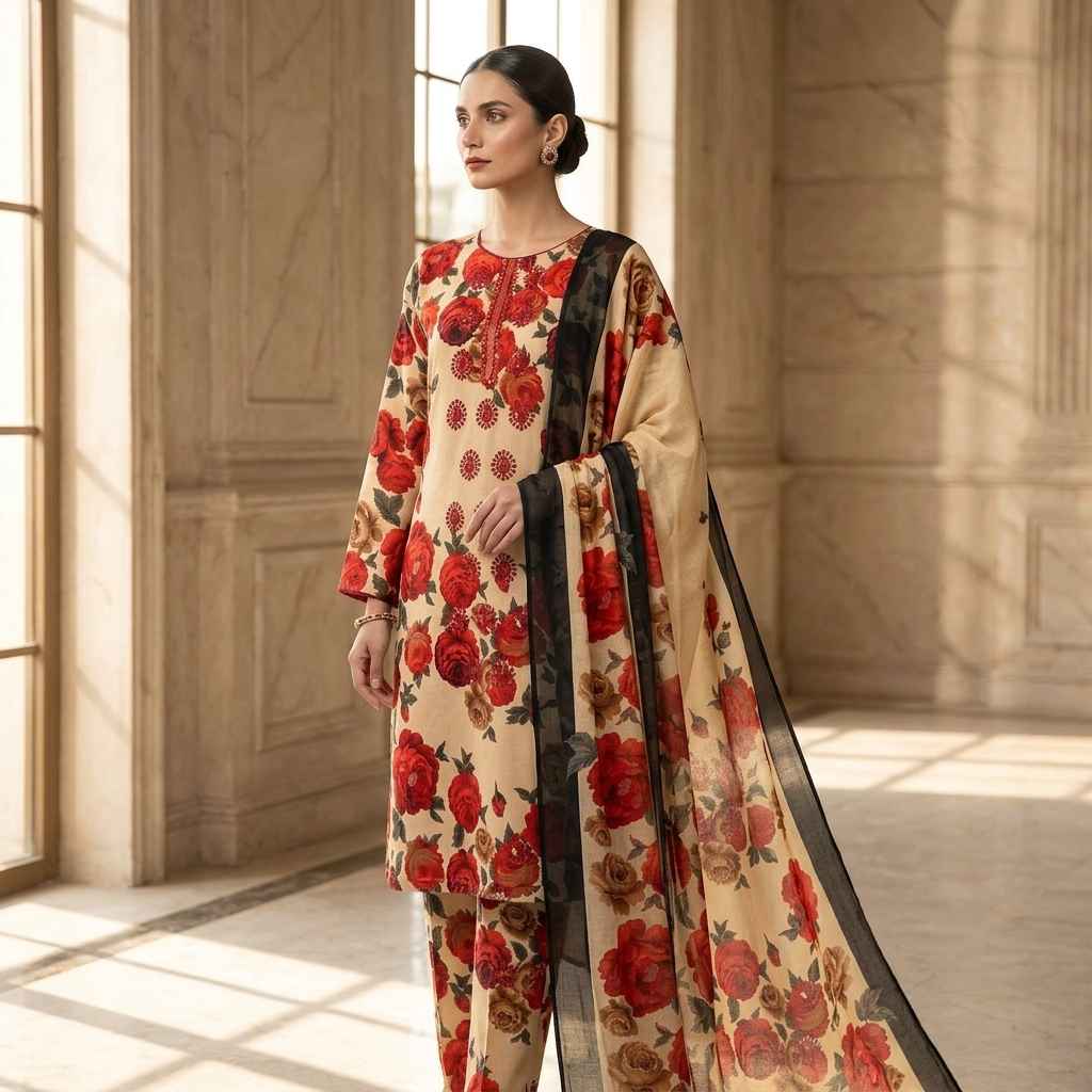 Maria.B AE-712 Red Rose Floral Lawn Suit – 3 Piece Unstitched | Summer Collection