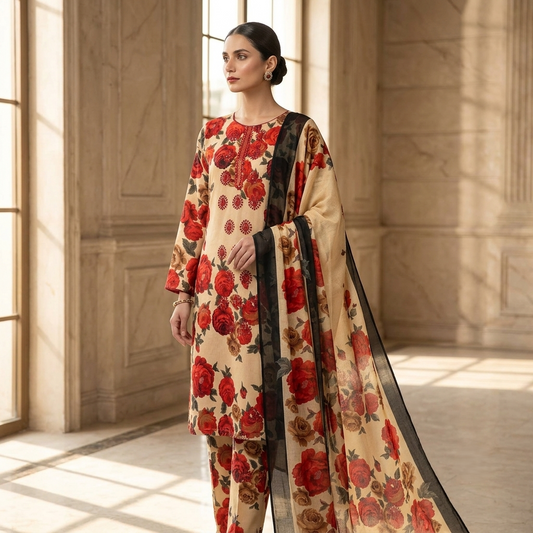 Maria.B AE-712 Red Rose Floral Lawn Suit – 3 Piece Unstitched | Summer Collection