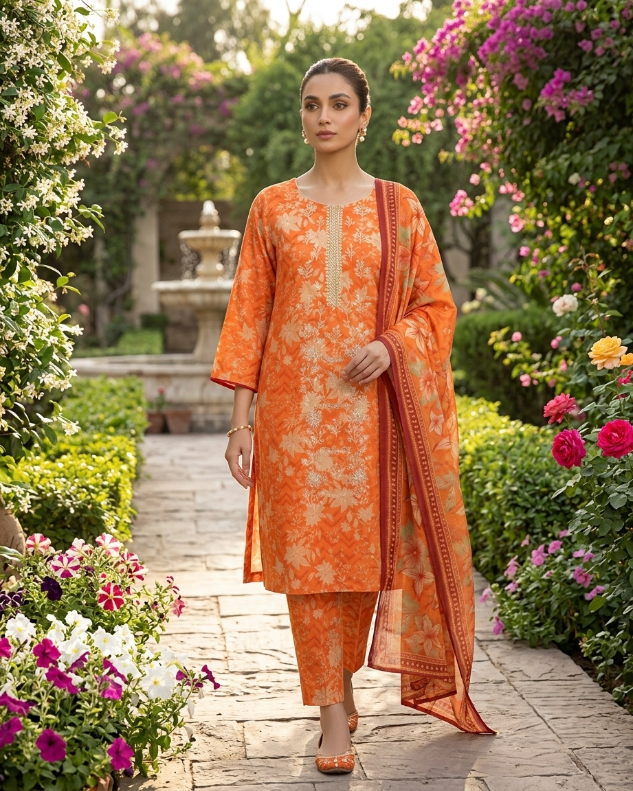 Maria.B BW-2031 Orange Floral Lawn Suit – 3 Piece Unstitched