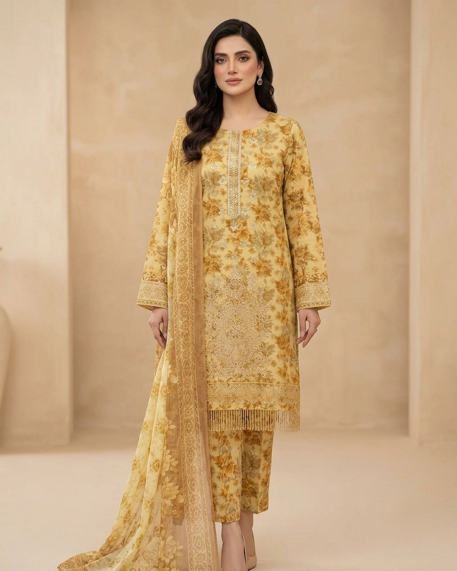 Maria.B AE-721 Golden Floral Elegance Lawn Suit – 3 Piece Unstitched