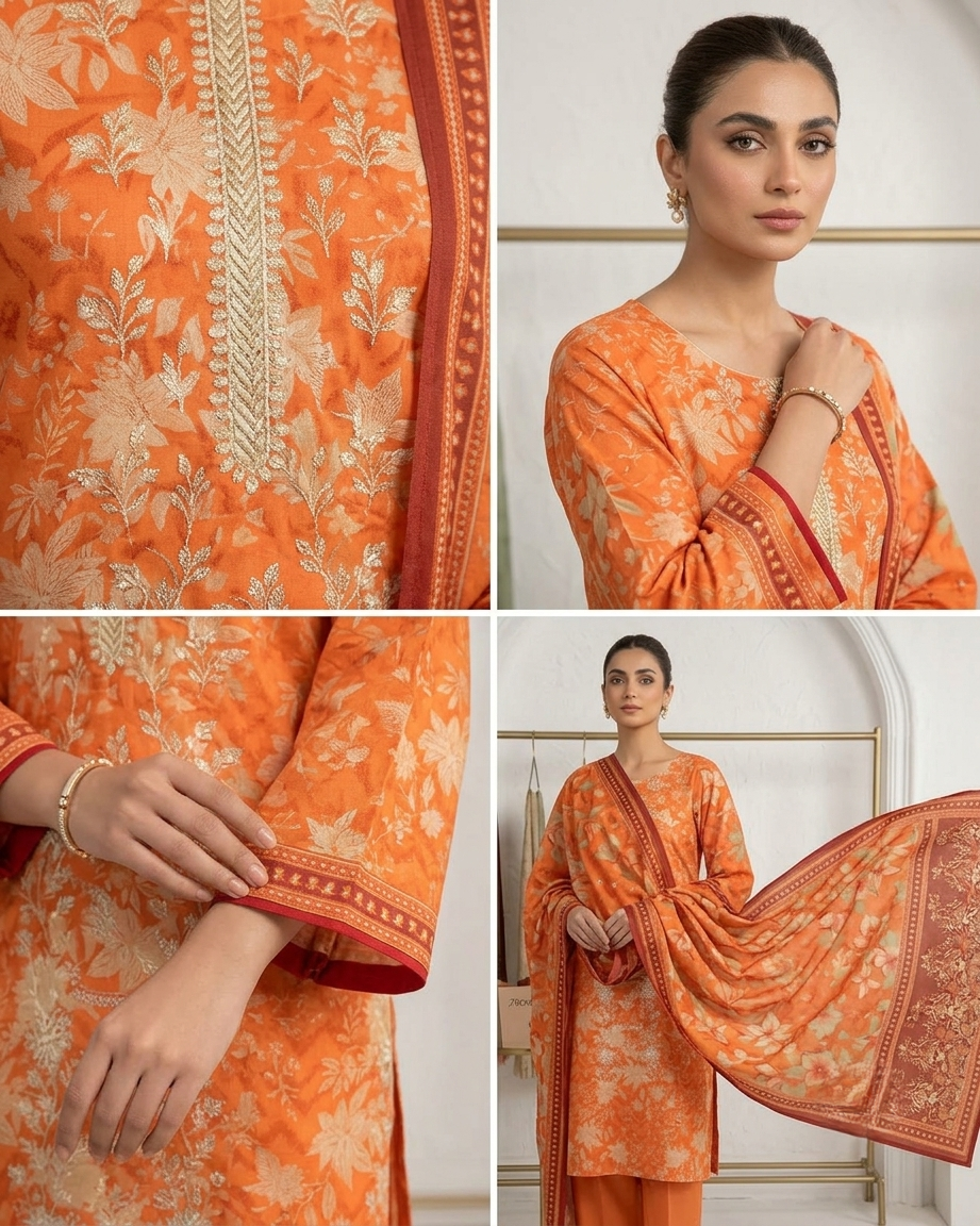 Maria.B BW-2031 Orange Floral Lawn Suit – 3 Piece Unstitched