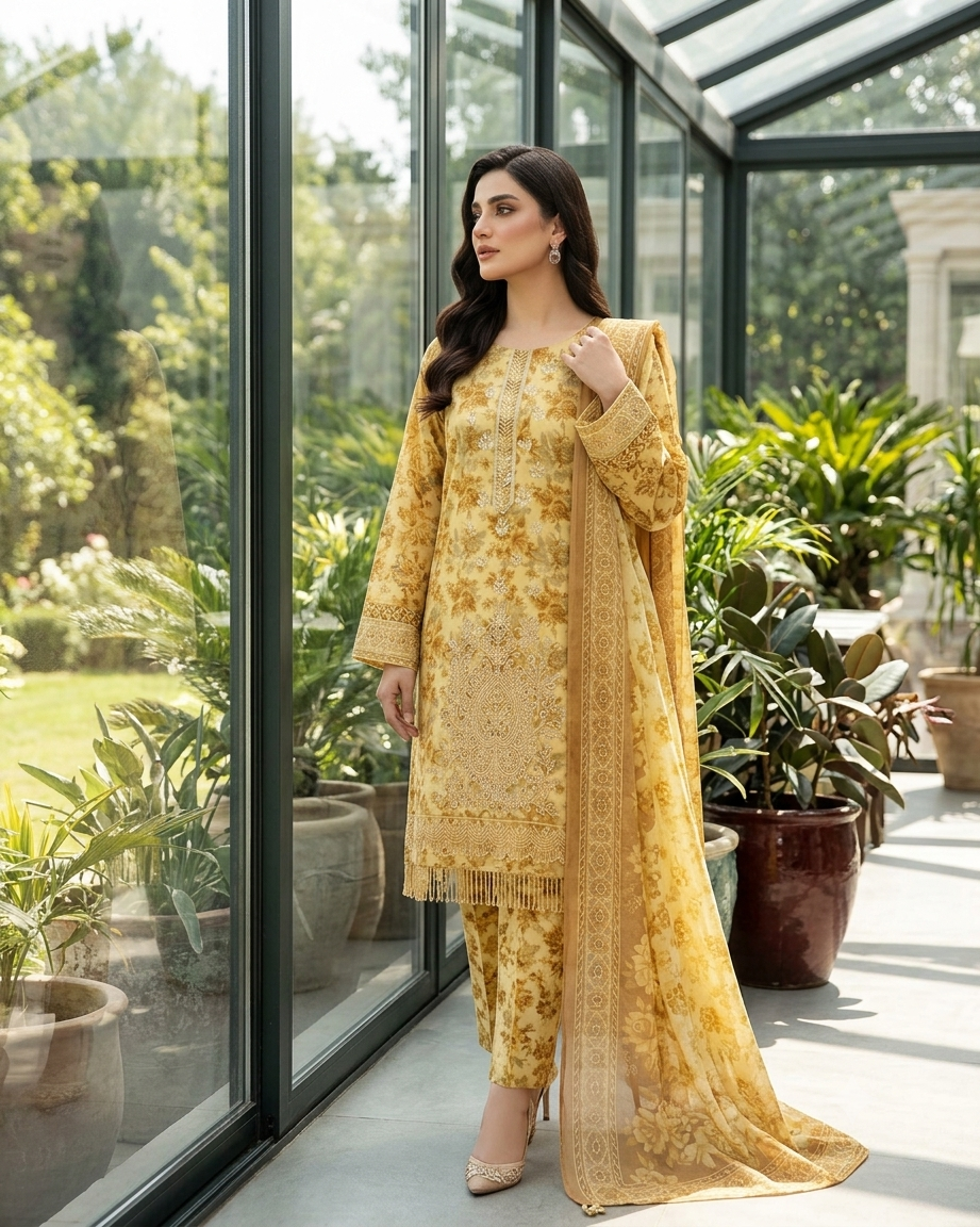 Maria.B AE-721 Golden Floral Elegance Lawn Suit – 3 Piece Unstitched