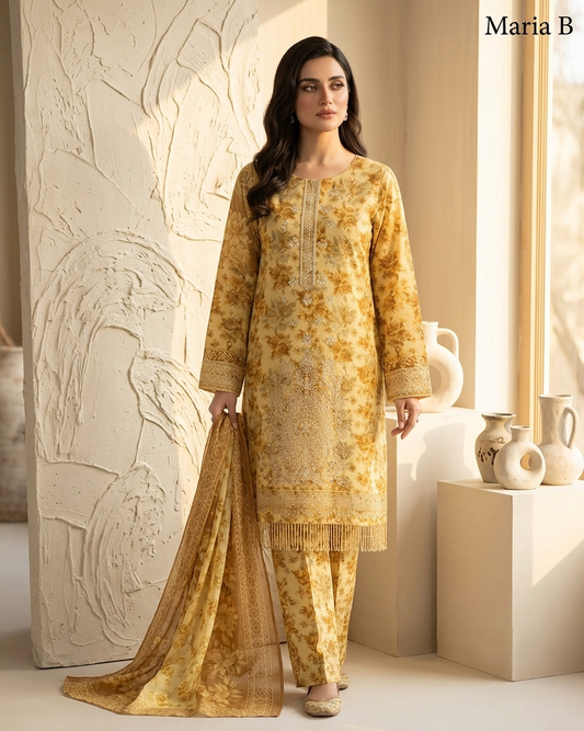 Maria.B AE-721 Golden Floral Elegance Lawn Suit – 3 Piece Unstitched