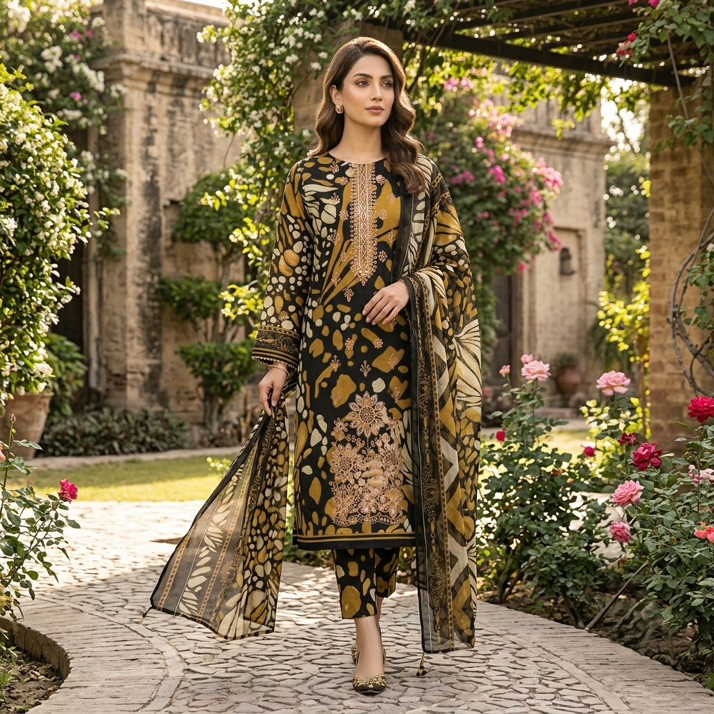 Maria.B BW-2030 Botanical Print Embroidered Lawn Suit – 3 Piece Unstitched