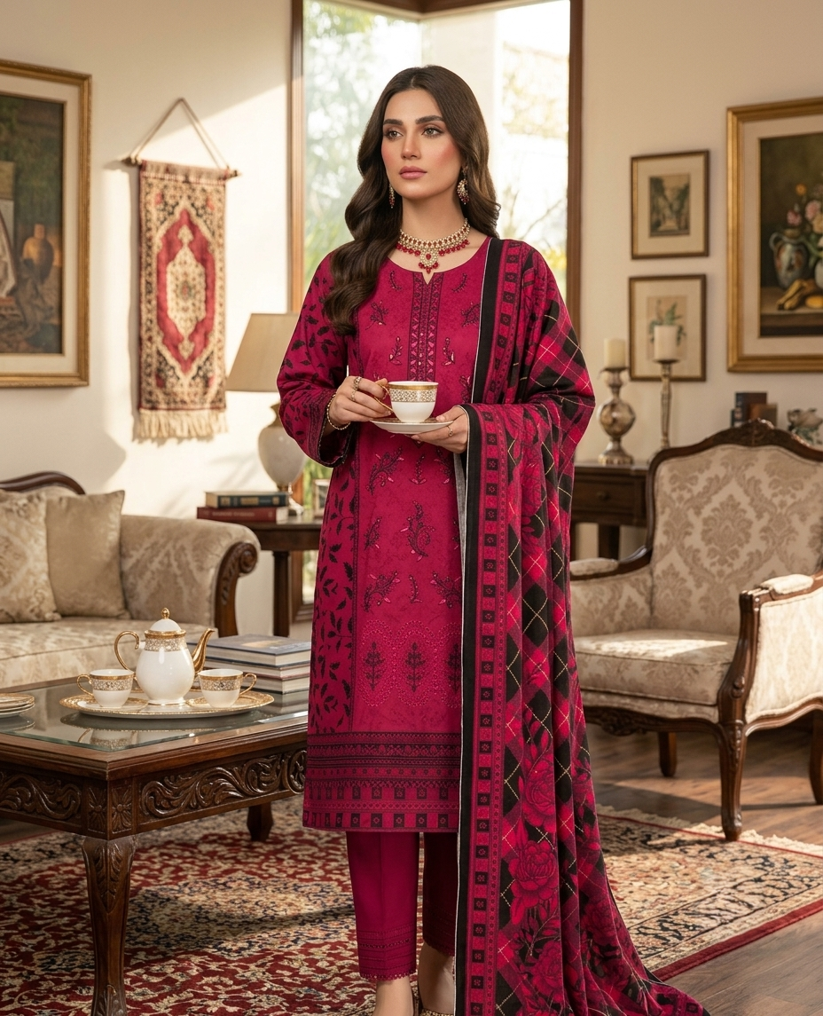 Allya AE-234 Embroidered Berry Pink Lawn Suit – 3 Piece Unstitched