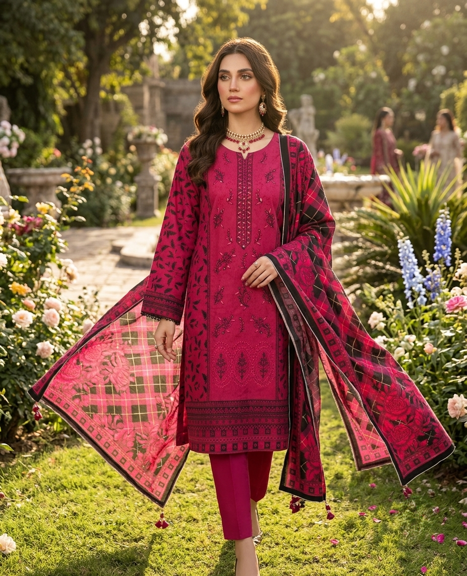 Allya AE-234 Embroidered Berry Pink Lawn Suit – 3 Piece Unstitched