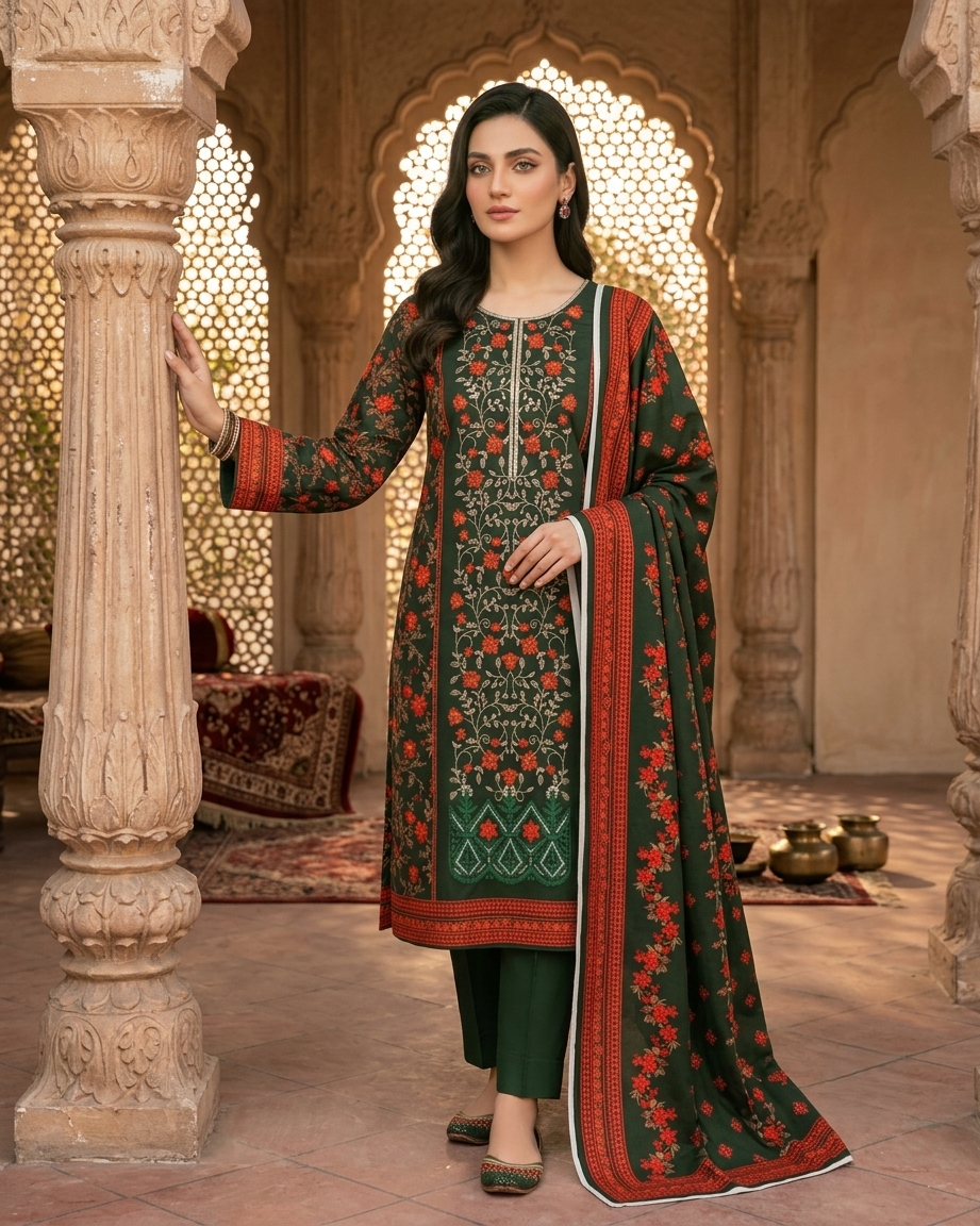 Limelight AE-231 Dark Green Floral Lawn Suit – 3 Piece Unstitched
