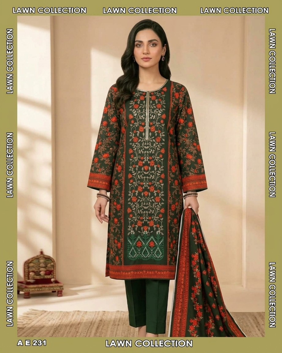Limelight AE-231 Dark Green Floral Lawn Suit – 3 Piece Unstitched