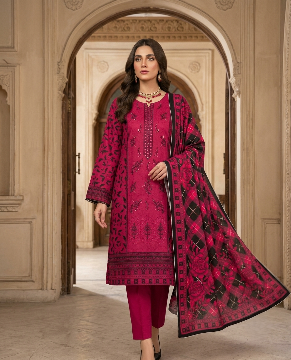 Allya AE-234 Embroidered Berry Pink Lawn Suit – 3 Piece Unstitched