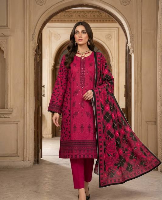 Allya AE-234 Embroidered Berry Pink Lawn Suit – 3 Piece Unstitched
