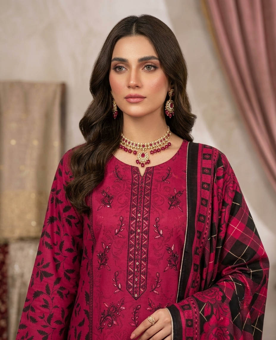 Allya AE-234 Embroidered Berry Pink Lawn Suit – 3 Piece Unstitched