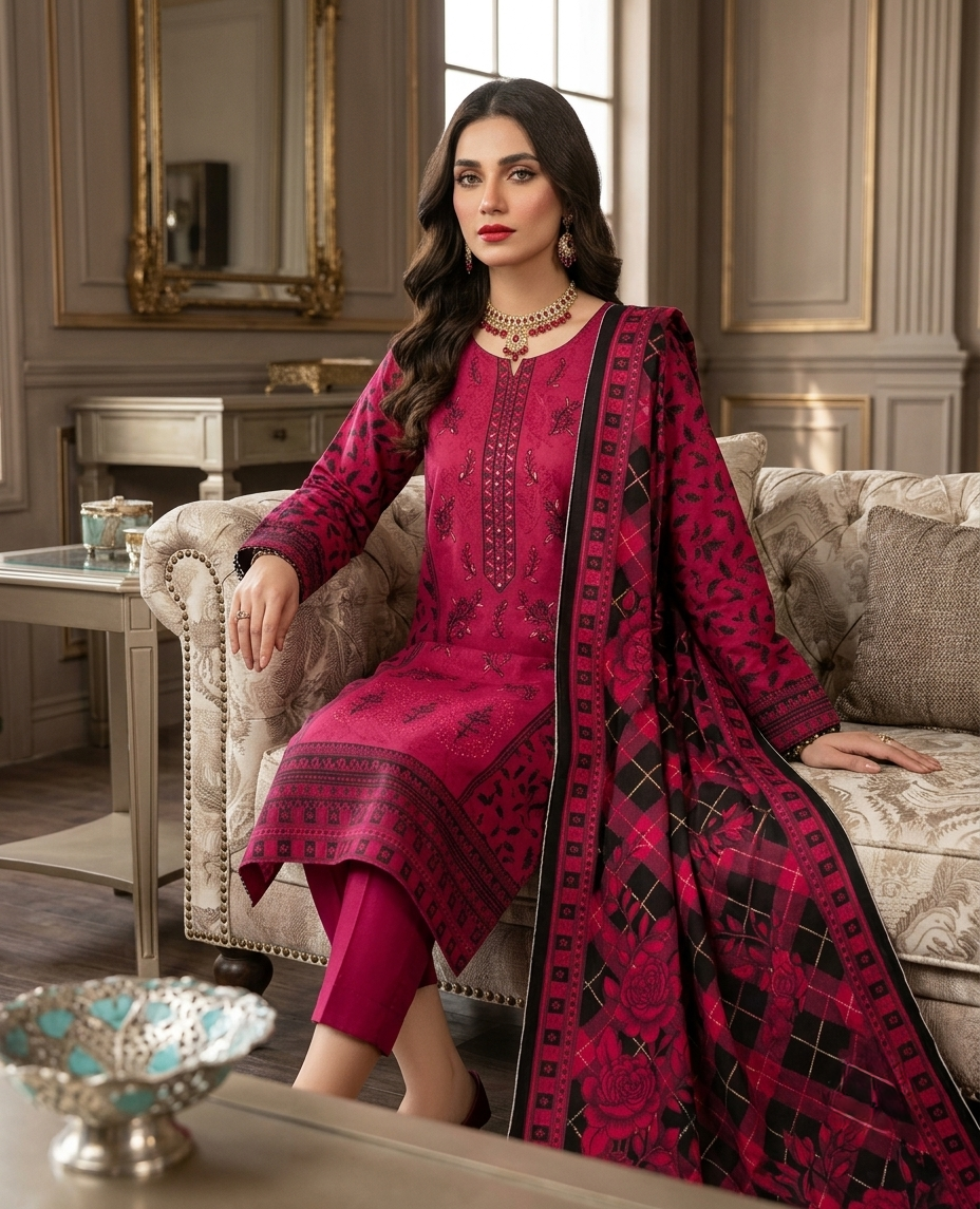 Allya AE-234 Embroidered Berry Pink Lawn Suit – 3 Piece Unstitched