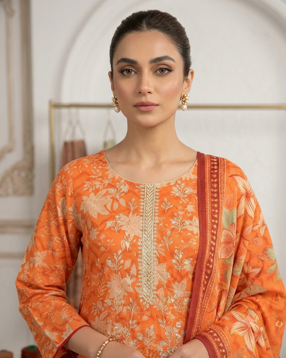Maria.B BW-2031 Orange Floral Lawn Suit – 3 Piece Unstitched