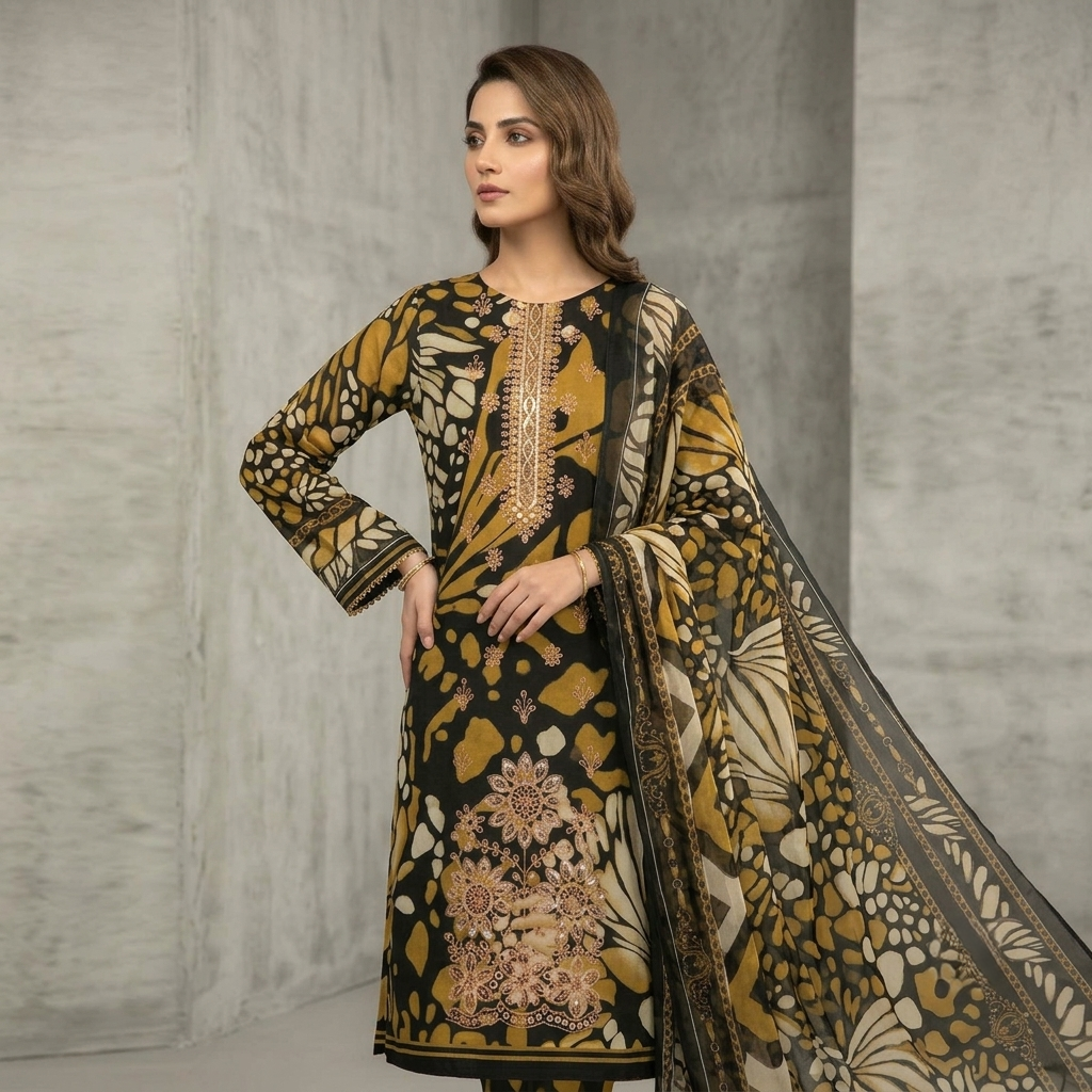 Maria.B BW-2030 Botanical Print Embroidered Lawn Suit – 3 Piece Unstitched
