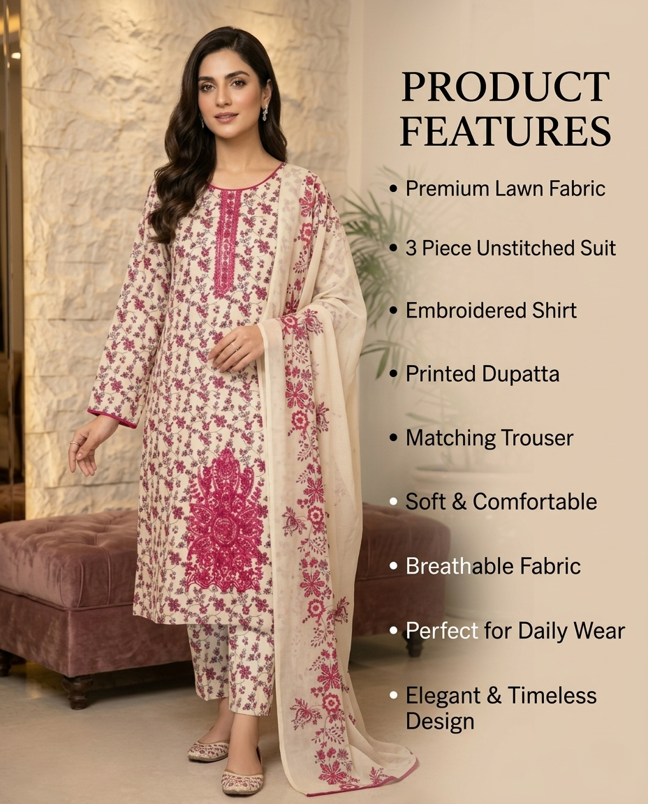 Baroque BW-2032 Floral Embroidered Lawn Suit – 3 Piece Unstitched
